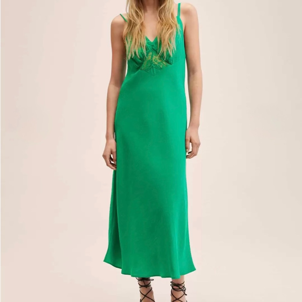 Mango Tie Detail Lace Insert Satin Midi Dress in Green